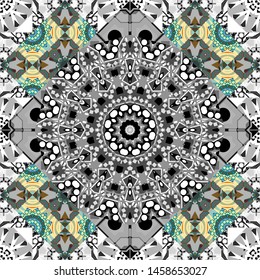 Kaleidoscopic seamless pattern in blue, green and gray colors. Vector illustration. It can be used in the design of textiles, in the printing industry.