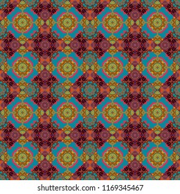Kaleidoscopic seamless pattern in blue, orange and brown colors. It can be used in the design of textiles, in the printing industry. Vector illustration.