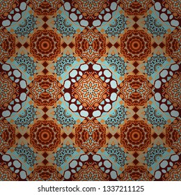 Kaleidoscopic seamless pattern in blue, orange and red colors. Vector illustration. It can be used in the design of textiles, in the printing industry.