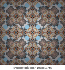 Kaleidoscopic seamless pattern in brown, blue and gray colors. It can be used in the design of textiles, in the printing industry. Vector illustration.