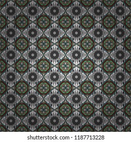 Kaleidoscopic seamless pattern in brown, green and gray colors. It can be used in the design of textiles, in the printing industry. Vector illustration.