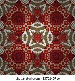 Kaleidoscopic seamless pattern in brown, white and red colors. It can be used in the design of textiles, in the printing industry. Vector illustration.