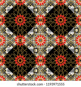 Kaleidoscopic seamless pattern in green, pink and gray colors. It can be used in the design of textiles, in the printing industry. Vector illustration.