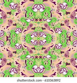 Kaleidoscopic seamless pattern in green and violet colors. Hand drawn lined pattern. Illustration.