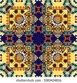 Kaleidoscopic seamless pattern in orange, black and blue colors. It can be used in the design of textiles, in the printing industry. Vector illustration.