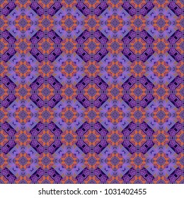 Kaleidoscopic seamless pattern in purple, orange and violet colors. It can be used in the design of textiles, in the printing industry. Vector illustration.
