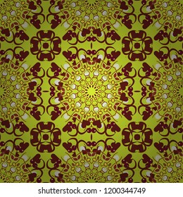 Kaleidoscopic seamless pattern in red, brown and orange colors. It can be used in the design of textiles, in the printing industry. Vector illustration.