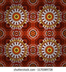 Kaleidoscopic seamless pattern in red, white and orange colors. It can be used in the design of textiles, in the printing industry. Vector illustration.