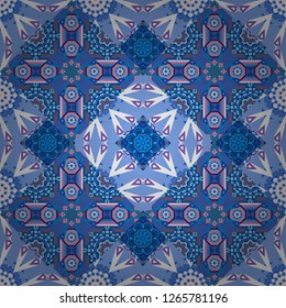 Kaleidoscopic seamless pattern in violet, blue and white colors. It can be used in the design of textiles, in the printing industry. Vector illustration.