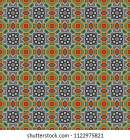 Kaleidoscopic seamless pattern in yellow, gray and brown colors. It can be used in the design of textiles, in the printing industry. Vector illustration.