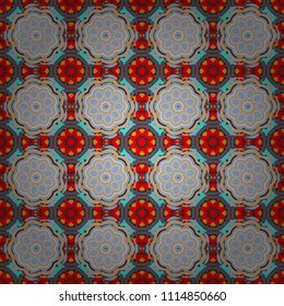 Kaleidoscopic seamless pattern in yellow, pink and blue colors. It can be used in the design of textiles, in the printing industry. Vector illustration.