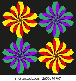 Emblema da tríade caleidoscópica. Símbolo espiral psicodélico. Cata-vento hipercromático Vetor. Artística caleidoscópica cósmica.