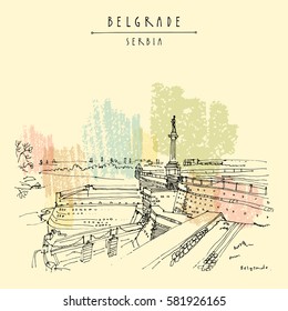 Kalemegdan Fortress and Viktor Monument in Belgrade, Serbia. Hand drawing in retro style. Travel sketch. Vintage touristic postcard, poster, calendar or book illustration in vector