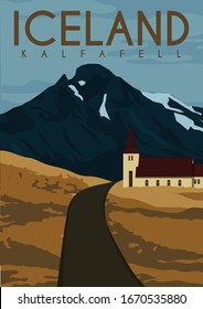 Kalfafell Iceland Vector Illustration Background. Travel to Kálfafell Hamlet South East Iceland. Flat Cartoon Vector Illustration in Colored Style.