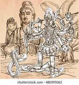 KALI. Hindu Goddess posing with her victim in front of big Buddha statue. Freehand sketching, line drawing. An hand drawn vector illustration. Line art technique.