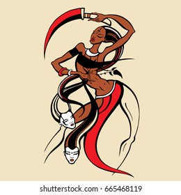 Kali. Hindu Goddess of Time, Creation, Destruction and Power. Dancing woman in traditional ethnic style. Vector Hand drawn Illustration.