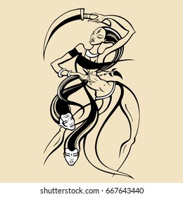 Kali. Hindu Goddess of Time, Creation, Destruction and Power. Dancing woman in traditional ethnic style. Vector Hand drawn Illustration.