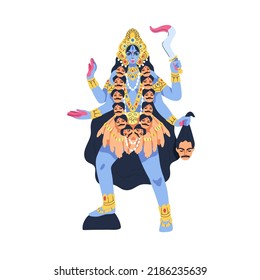 Kali, Indian goddess of Hinduism. Hindu female deity, divinity with sword and head in arms. Divine Bhadrakali mother of change, time, anger. Flat vector illustration isolated on white background