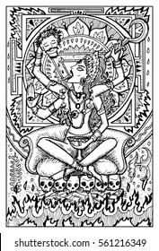 Kali, Indian hindi goddess with death symbols. Fantasy magic creatures collection. Hand drawn vector illustration. Engraved line art drawing, graphic mythical doodle. Template for card game