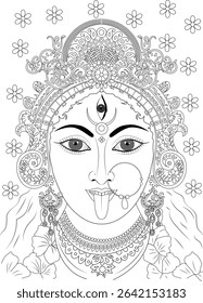 Kali Mata Line Art Illustration, Black and white line art illustration of Hindu goddess Kali Mata, perfect for coloring pages, spiritual themes, or Indian culture designs.