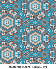 Kaliedescope Swirls Orange, Blue, and Cream Seamless repeat vector pattern