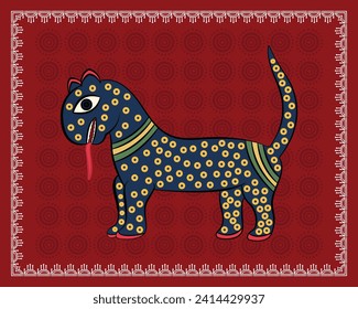 Kalighat Art Elegance: Beautiful Leopard Illustration. Kalighat Leopard Artwork, Elegant Leopard Wall Decor, Exquisite Kalighat Wildlife Illustration