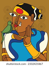 Kalighat Art: Maharashtrian Beauty mit Papagei im traditionellen Porträt. Kalighat Malerei, Zeitgenössische Kunst, Indische Gemälde, Wandgemälde, moderne Kunstmalereien.