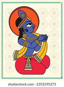 Kalighat Art: Reverent Depiction of Shree Krishna. Kalighat Painting, Contemporary Art, Indian Paintings, Wall Paintings, Modern Art Paintings.