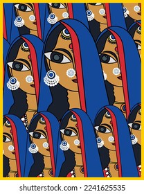 Kalighat art showing indian lady in Traditional wear   illustration drawing  painting  wall art 