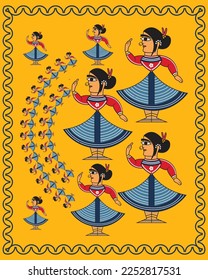 Kalighat art showing Indian traditional dance collage. Madhubani painting, Modern painting, art, illustration, vector, Traditional drawing.