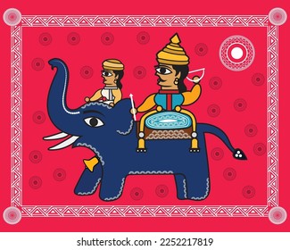 Kalighat art showing The King seat on an elephant with mahut. Madhubani painting, Modern painting, art, illustration, vector, Traditional drawing.