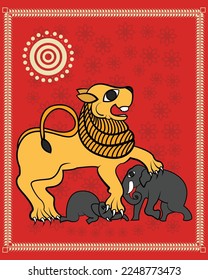 Kalighat art showing strongest lion attack to elephant. Beautiful Madhubani painting and Kalighat art. Modern painting, art, illustration, vector. Cheriyal Painting.