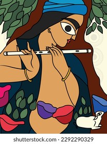 Kalighat painting art showing beautiful shri krishna leela. Contemporary Art, Indian Paintings, Wall Paintings, Modern Art Paintings.