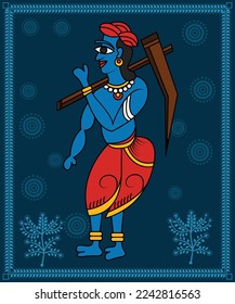 Kalighat painting of rural area with farming work. Indian farmer Modern painting, art, illustration, vector