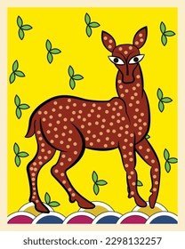 Kalighat painting showing Beautiful Deer. Indian traditional folk Kalighat painting art style. Madhubani art, Contemporary Art, Indian Paintings, Wall Paintings, Modern Art Paintings.