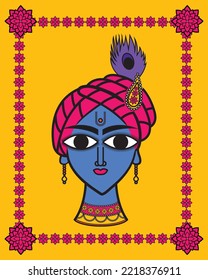 Kalighat painting showing Beautiful Shri Krishna. vector, illustration, wallpaper, art, Kalighat painting.