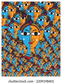 Kalighat painting showing Krishna and radha vector, illustration, wallpaper, art, Kalighat painting.