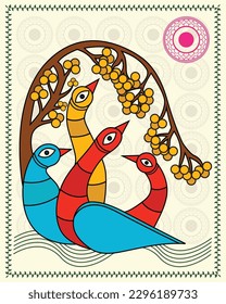 Kalighat painting showing strong flamingo, Duck. Indian traditional folk Kalighat painting art style. Madhubani art, Contemporary Art, Indian Paintings, Wall Paintings, Modern Art Paintings.