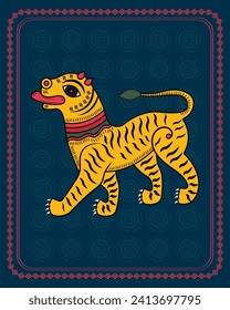 Kalighat Tiger: Traditional Artistry with a Fierce Touch. Kalighat Artwork with Tiger, Traditional Indian Tiger Illustration, Feline Grace in Kalighat Style.