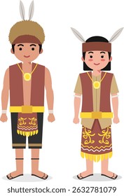 Kalimantan Tengah Traditional Clothes - Indonesian Culture Flat Cartoon Illustration
