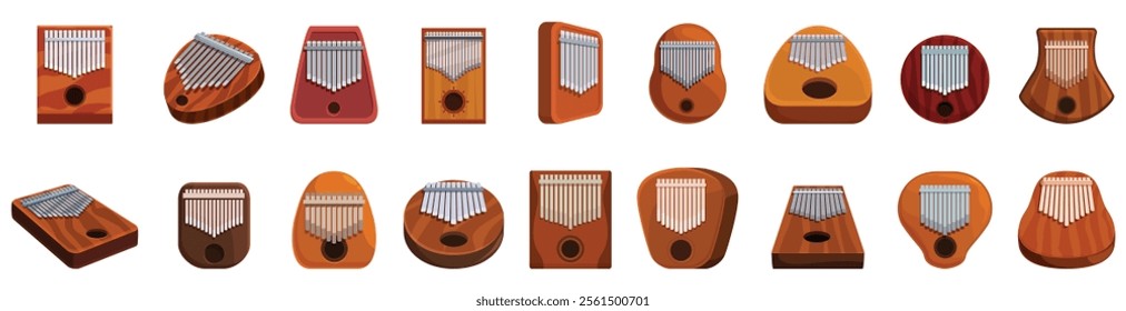 Kalimba icons set. Different shapes and colors of kalimba, a modern and traditional african musical instrument