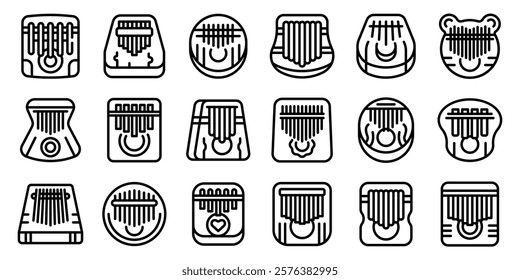  Kalimba icons set. Set of kalimba icons showing various designs and shapes of this traditional african musical instrument, ideal for representing music, culture, or sound