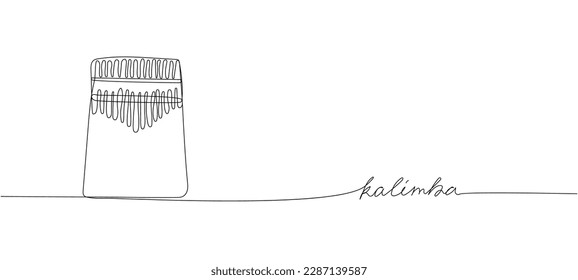 Kalimba one line art. Continuous line drawing of kalimba, mbira, instrument, musical, african, folk, melody, calimba with an inscription, lettering, handwritten.