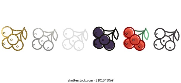 Kalina. Icon. A collection of crimson in different styles. Contour pattern. Available in gold, silver, white, gray, black. Linear graphics. Doodles. Emblem, badge, silhouette. Vector