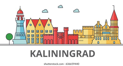 Kaliningrad city skyline. Buildings, streets, silhouette, architecture, landscape, panorama, landmarks. Editable strokes. Flat design line vector illustration concept. Isolated icons on background