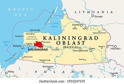 Kaliningrad Oblast, political map. Kaliningrad Region, federal subject and semi-enclave of Russia, located on the coast of the Baltic Sea, with administrative centre Kaliningrad. Illustration. Vector.