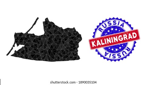 Kaliningrad Region map polygonal mesh with filled triangles, and textured bicolor stamp print. Triangle mosaic Kaliningrad Region map with mesh vector model, triangles have randomized sizes,