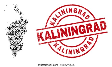 Kaliningrad textured stamp, and Krasnoyarskiy Kray map mosaic of air force items. Mosaic Krasnoyarskiy Kray map constructed with air planes. Red badge with Kaliningrad word,