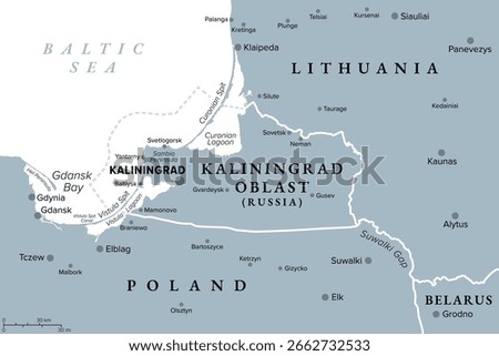 Kaliningrad and vicinity, gray political map. Kaliningrad Oblast, exclave and westernmost federal subject of Russia on Baltic Sea, between Lithuania and Poland. With strategic choke point Suwalki Gap.