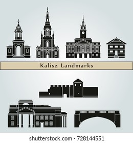 Kalisz landmarks and monuments isolated on blue background in editable vector file